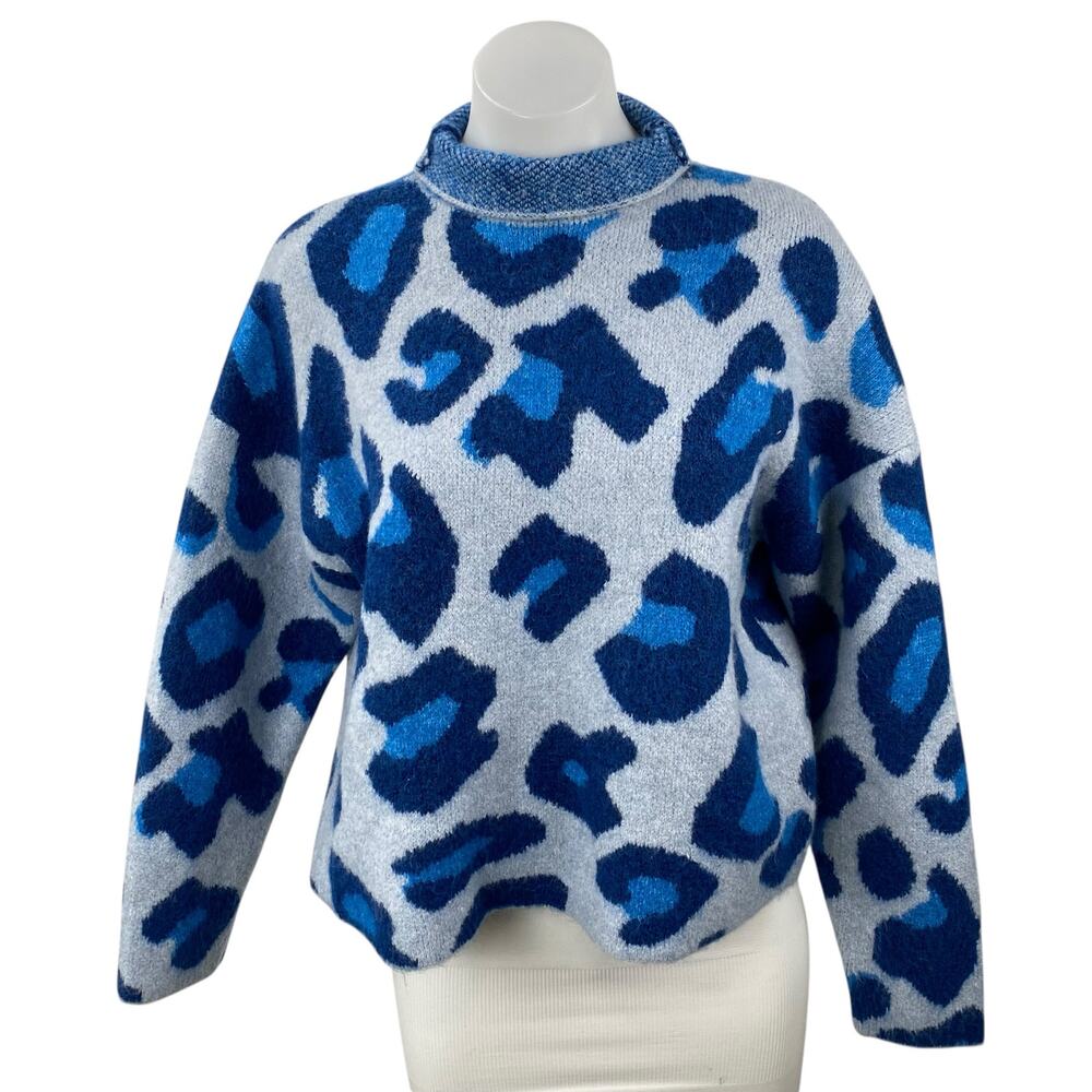 Zara Women's Blue Wool Leopard Animal Print Mock Neck Knit Sweater Top Size S